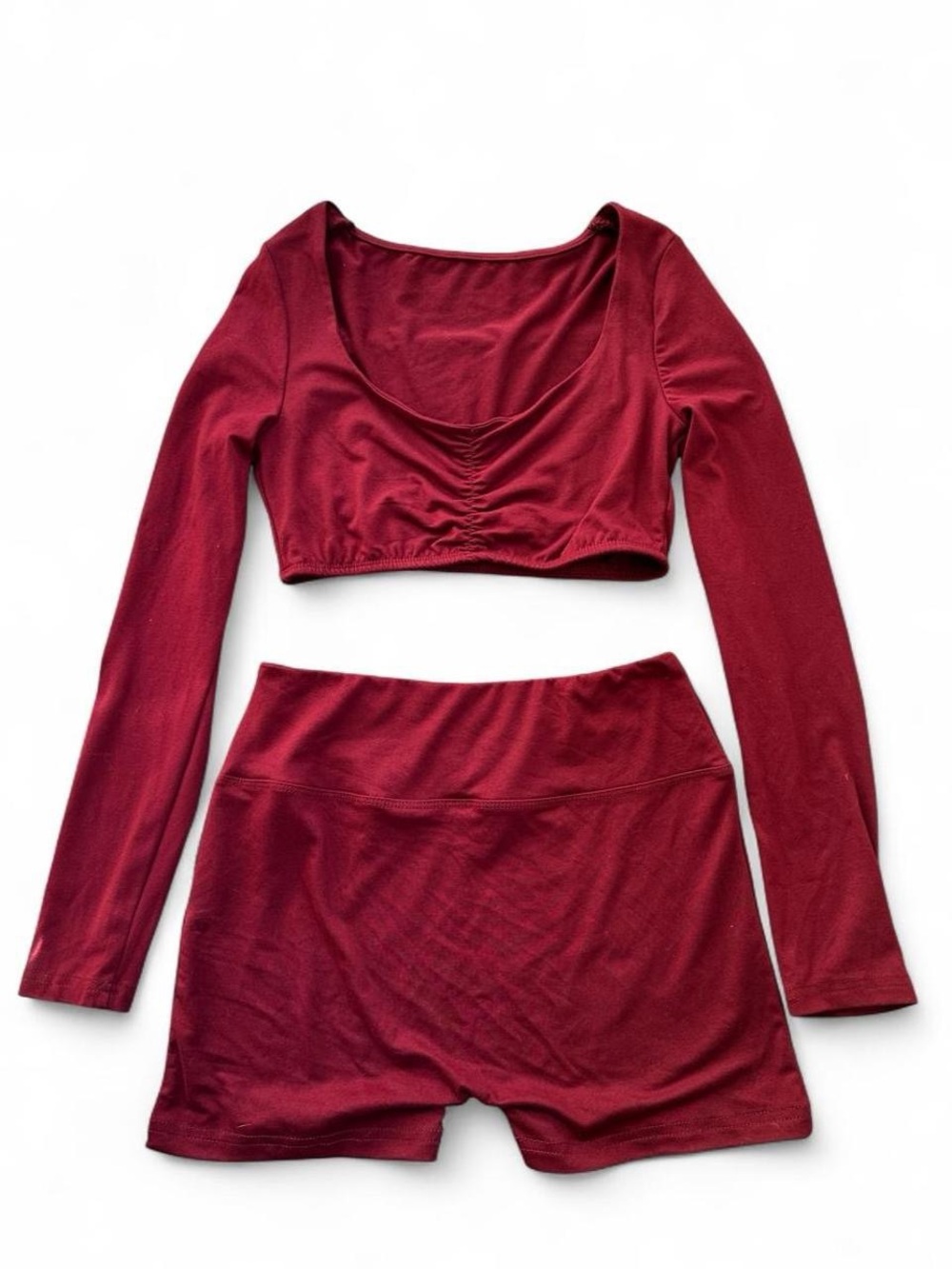 Wine Red Long Sleeve Crop Top & High-Waist Shorts Gym Set